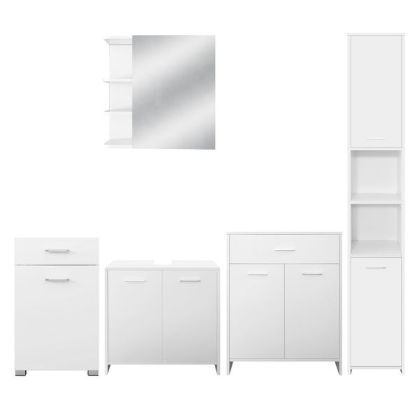 ML-Design Badmöbel-Set 5-teilig Badezimmermöbel Set Badmöbel Komplettset Spiegelschrank Waschtisch mit Unterschrank Hochschrank Badezimmerschrank Wäscheschrank, Stil Modern, Weiß, Holz, viel Stauraum