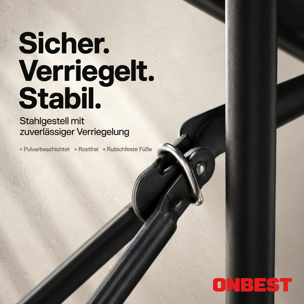 Nahaufnahme einer stabilen Verriegelung an einem pulverbeschichteten, rostfreien Stahlgestell. ONBEST Logo.