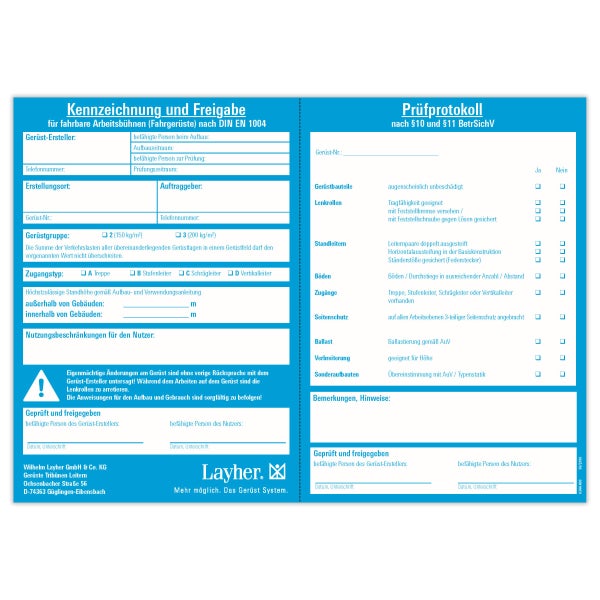 Formular zur Kennzeichnung und Freigabe von fahrbaren Arbeitsbühnen gemäß DIN EN 1004 und Prüfprotokoll gemäß Paragraph 10 und 11 BetrSichV