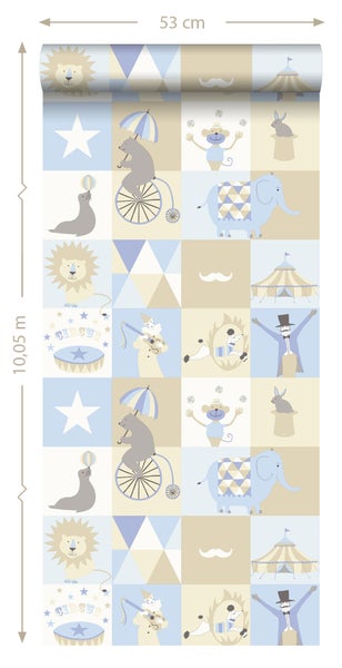 Tapetenrolle mit Tiermotiven und Zirkuselementen, 53 cm breit, 10,05 m lang
