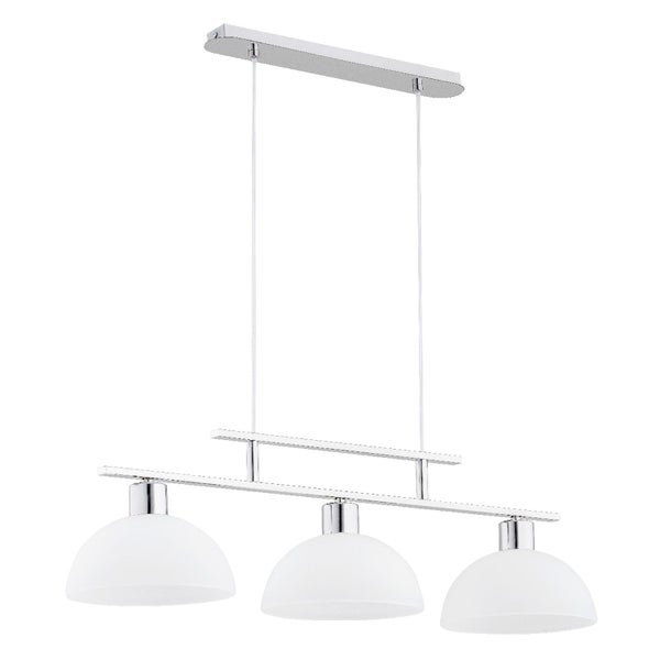 Moderne dreiflammige Pendelleuchte mit Metallgestell und drei halbkugelförmigen Glasschirmen für die Deckenbeleuchtung.