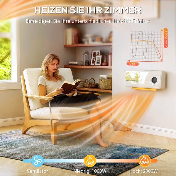 Frau liest Buch im Sessel mit Infrarot-Wandheizung im Wohnzimmer