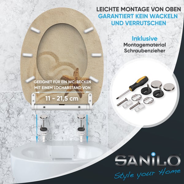 WC-Sitz mit Sand- und Seestern-Motiv, einfache Montage von oben, inklusive Befestigungsmaterial und Schraubenzieher, Lochabstand 11 bis 21,5 Zentimeter.