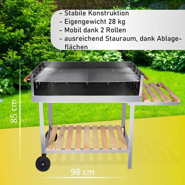 RESCH 502599 Edelstahl Grillwagen – 145 x 90 x 60 cm, Holzkohle-Grill für 10 Personen, Großer fahrbarer Standgrill für Garten, Balkon, Terrasse & Camping