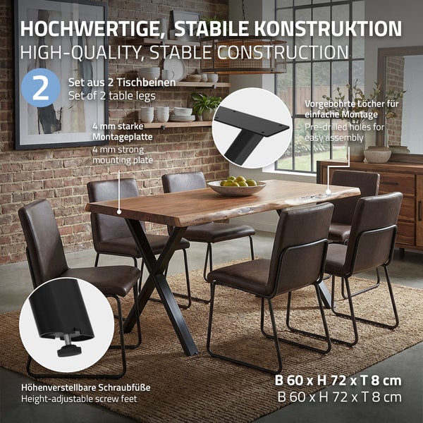 Set aus 2 stabilen Tischbeinen mit Montageplatte und höhenverstellbaren Schraubfüßen für einen Esstisch im Industrie Design.