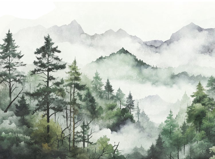 Fototapete mit Wald- und Gebirgslandschaft, Nadelbäume im Vordergrund, neblige Berge im Hintergrund, Aquarell-Stil.