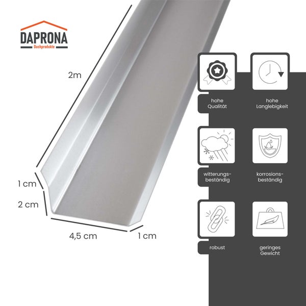 Daprona Logo, Dachprofil aus Aluminium, 2 Meter Länge. Symbole für Qualität, Langlebigkeit, witterungsbeständig, korrosionsbeständig und robust.