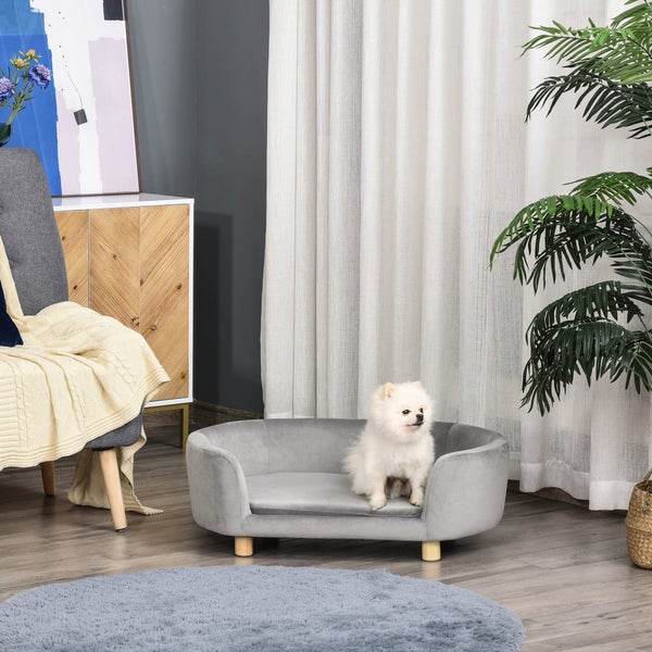 PawHut Haustier Sofa, 86L x 55B x 33H cm, Holländischer Samt, Schwamm, Birke Bein, Grau