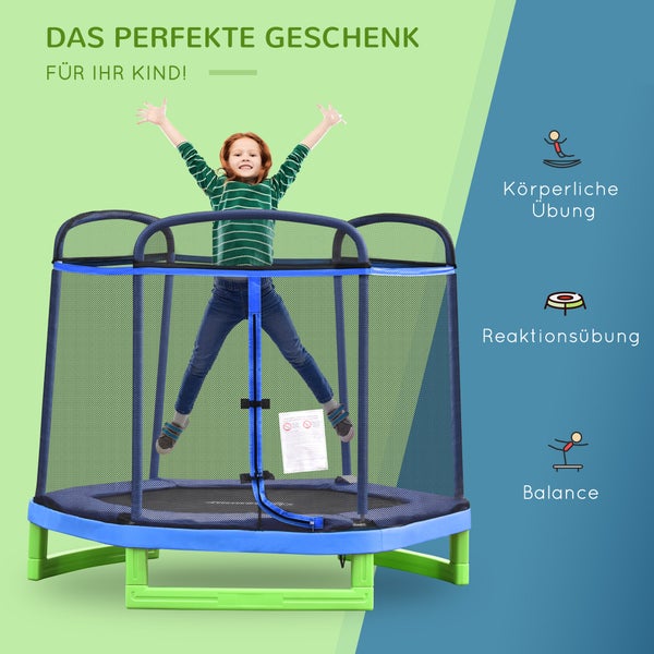 HOMCOM Kindertrampolin, Gartentrampolin mit Sicherheitsnetz, für 3-12 Jahre Kinder, bis 80 kg, 215 x 200 x 190 cm, Stahl, Blau+Grün