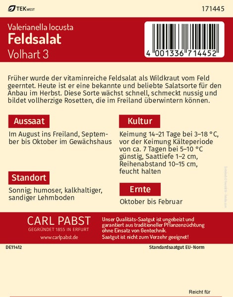 Rückseite der Samentüte für Feldsalat Volhart 3 von Carl Pabst mit Informationen zu Aussaat, Kultur, Standort und Ernte sowie Barcode.