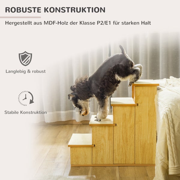 Hundetreppe aus Holz mit vier Stufen, kleiner Hund klettert hoch, stabile und robuste Konstruktion aus MDF-Holz.