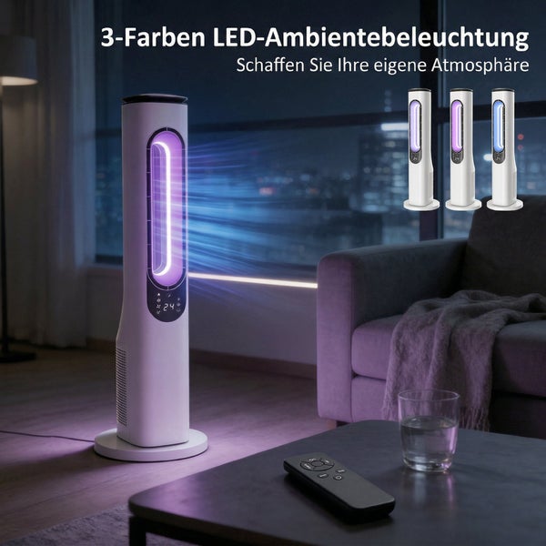 Turmventilator mit LED-Ambientebeleuchtung in drei Farben und Fernbedienung in einem modern eingerichteten Wohnzimmer.