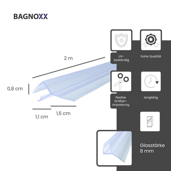 BAGNOXX Logo. Duschdichtung, 2 Meter lang, für 8 Millimeter Glasstärke, UV-beständig, flexibel zuschneidbar, langlebig und von hoher Qualität.