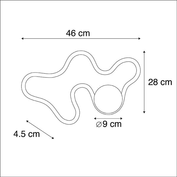 Skizze der Abmessungen eines Dekoelements: 46 cm breit, 28 cm hoch und 4,5 cm tief, mit einer runden Aussparung von 9 cm Durchmesser.