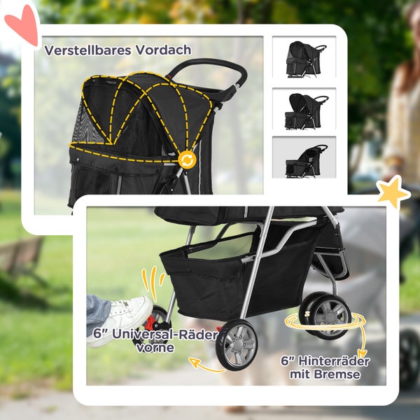 Detailansicht eines schwarzen Tierwagens mit verstellbarem Verdeck, 6-Zoll-Universalrädern vorne und 6-Zoll-Hinterrädern mit Bremse.