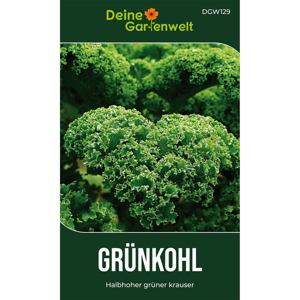 Samentüte für Grünkohl Halbhoher grüner krauser mit Deine Gartenwelt Logo und Abbildung von krausen Blättern mit Wassertropfen.
