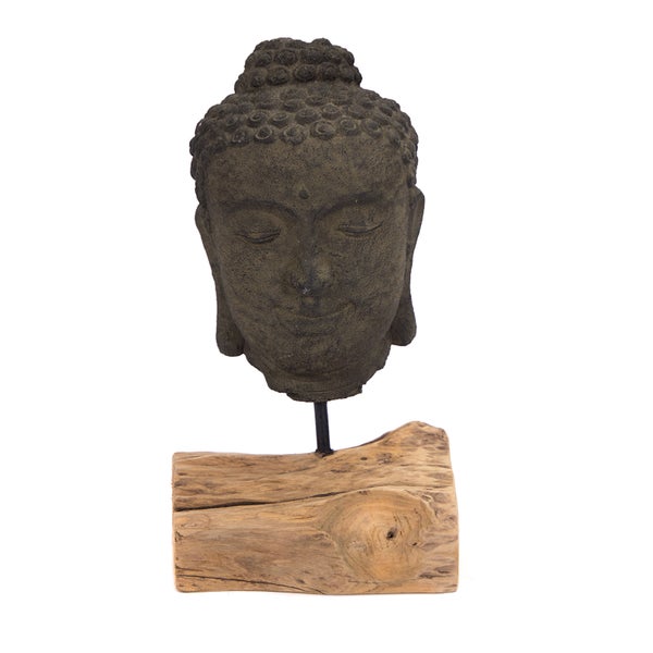 Skulptur  Buddha Beton, auf Wurzelholzsockel grau-braun