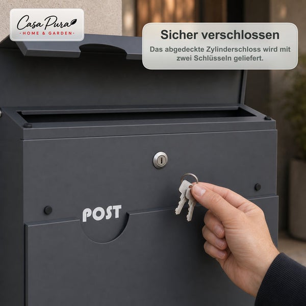 Wandbriefkasten mit abgedecktem Zylinderschloss und zwei Schlüsseln von Casa Pura Home and Garden Logo.