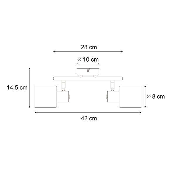 Technische Zeichnung einer Deckenleuchte mit zwei Strahlern und Maßangaben.