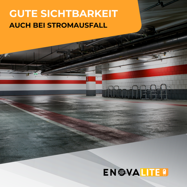 Beleuchtete Tiefgarage mit guter Sichtbarkeit auch bei Stromausfall.