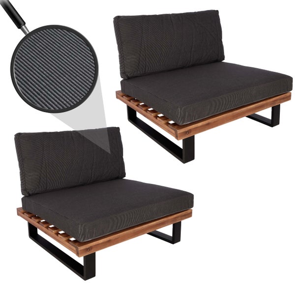 Modernes Garten-Lounge-Sessel-Set mit Holzrahmen, Metallfüßen und grauen Polstern, inklusive Detailansicht der Stoffstruktur.