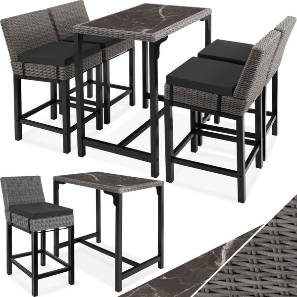 Rattan Tisch Kutina mit 4 Stühlen Latina tectake  Beine aus Holz mit Aluminiumgestellen grau