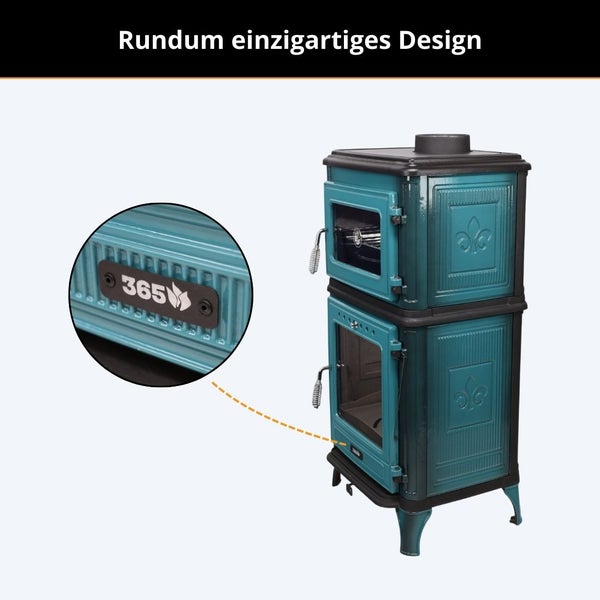 Holzofen mit integriertem Backofen, verzierten Seitenwänden und Detailansicht des 365 Logos mit Flammensymbol.