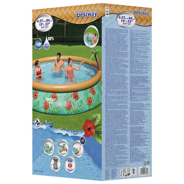 Bestway Fast Set Pool mit Blumenmuster, 4,57 Meter mal 84 Zentimeter, Bestway Logo auf Verpackung, Abbildung von Personen in hellem Garten.