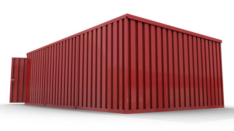 Lagercontainer Gerätehaus M3  – 18 qm, H2150 x B3050 x T6520 mm, Außenwandlackierung RAL 3000 feuerrot, Dach außen verzinkt, mit Holzfußboden, 2750 mm Doppelflügeltür mittig in Stirnseite, montiert