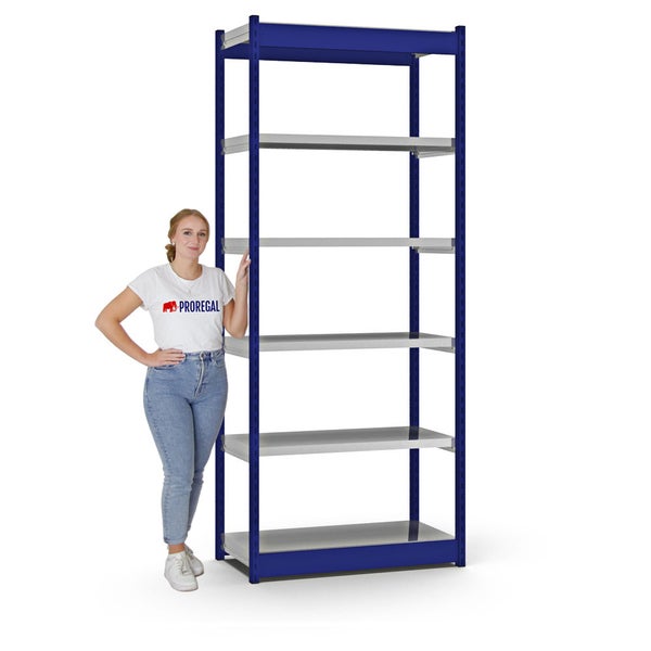 PROREGAL Fachbodenregal Stecksystem Vierkant-Profil Grundregal HxBxT 250 x 102,5 x 40 cm 6 Ebenen Einseitige Bauart Fachlast 200 kg Enzianblau