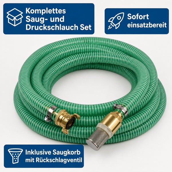 Komplettes Saug- und Druckschlauch Set mit Saugkorb und Rückschlagventil für Pumpen