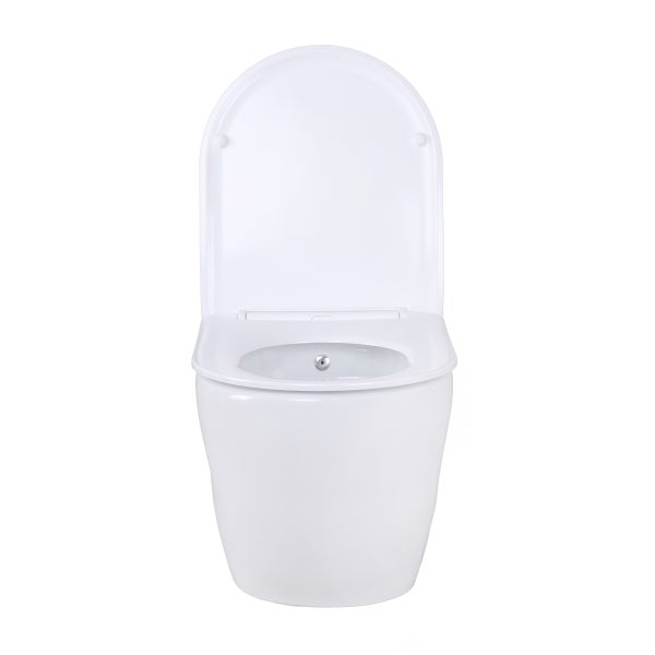 Wand-Dusch-WC aus Keramik mit offenem Deckel.