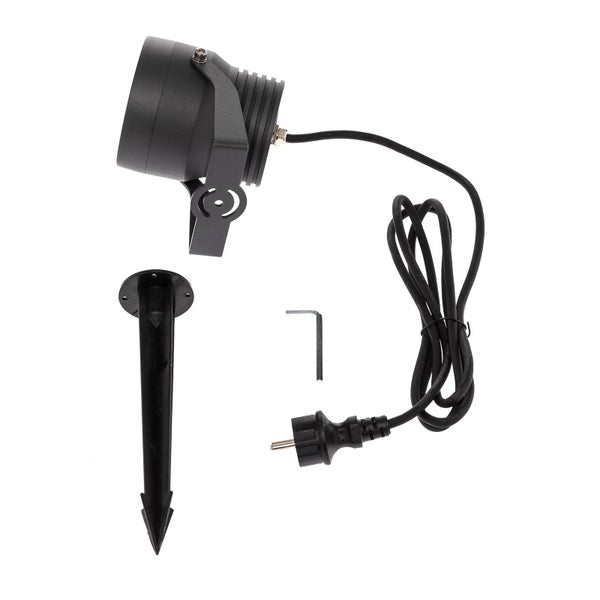Schwarzer LED-Gartenstrahler mit Erdspieß, Innensechskantschlüssel und Netzkabel mit Stecker.
