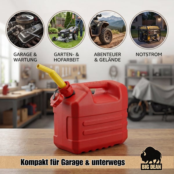 Roter Kunststoff Benzinkanister mit flexiblem Ausgießer für Garage, Garten, Abenteuer und Notstrom.