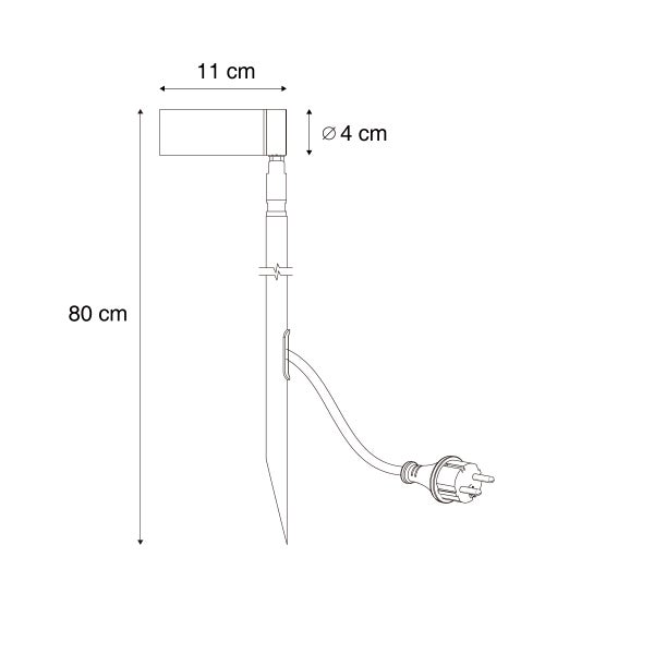 Maßzeichnung einer Gartenleuchte mit Erdspieß: Gesamthöhe 80 Zentimeter, Kopflänge 11 Zentimeter, Durchmesser 4 Zentimeter.