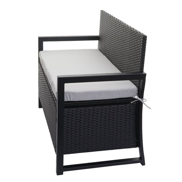 Gartenbank aus Polyrattan mit Sitzkissen und integrierter Truhe, Metallgestell.