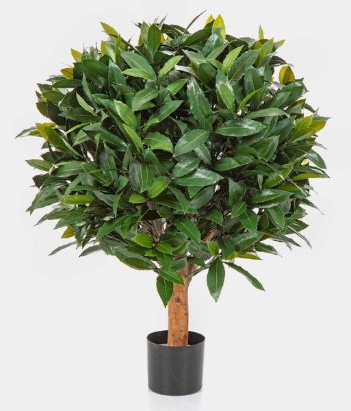 Künstlicher Lorbeerbaum in schwarzem Topf mit Echtholzstamm und grünen Blättern.
