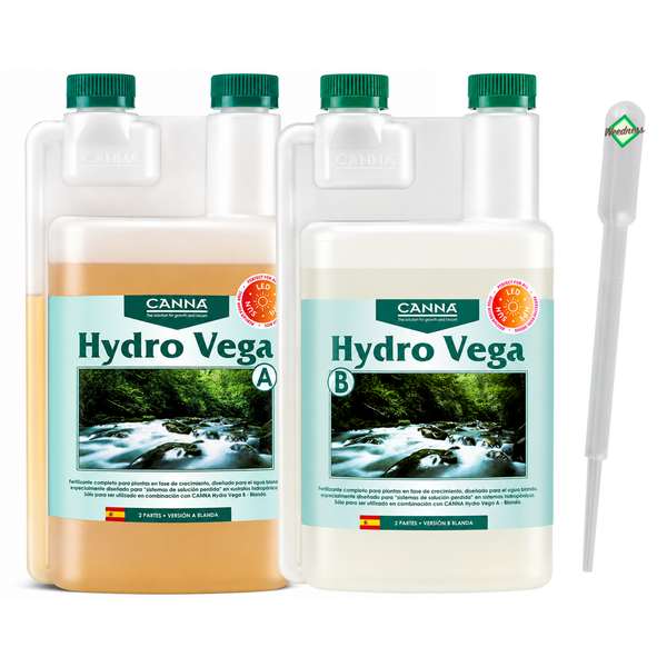 Zwei Flaschen CANNA Hydro Vega A und B Dünger für weiches Wasser inklusive Pipette zur Pflanzenpflege in hydroponischen Systemen.