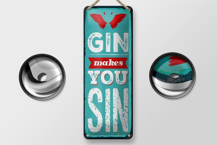 Blechschild Spruch Gin makes you Sin Devil Hell 10x27cm Dekoration