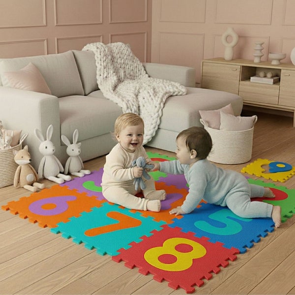 Zwei Kleinkinder spielen auf einer bunten Schaumstoff-Puzzlematte mit Zahlen in einem hellen, modern eingerichteten Kinderzimmer.