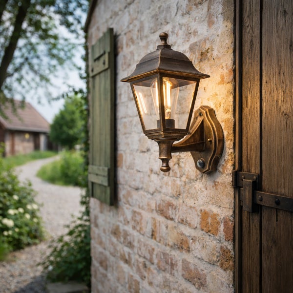 Klassische Außenwandleuchte mit Bewegungsmelder an einer Ziegelwand. Antikes Design aus Metall und Glas mit warmem Licht.