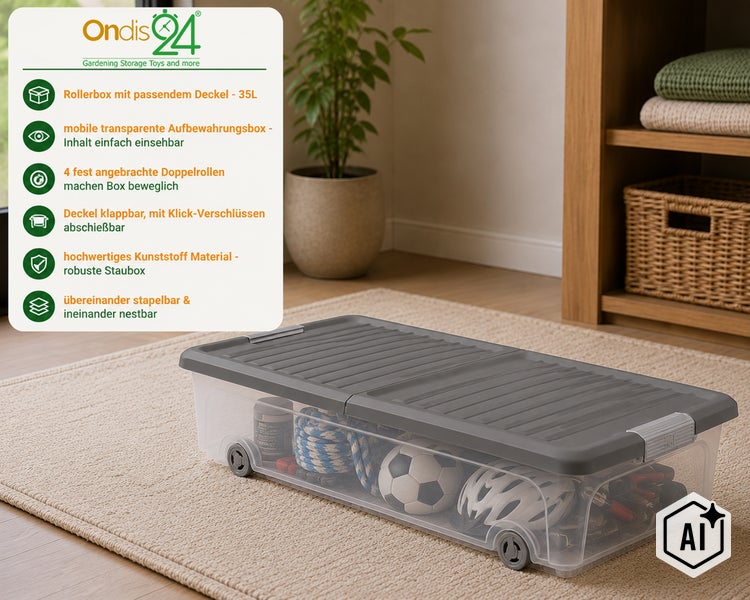 Transparente Kunststoff Rollerbox mit 35 Liter Volumen, klappbarem Deckel und vier Rollen zur Aufbewahrung von Gegenständen auf einem Teppich.