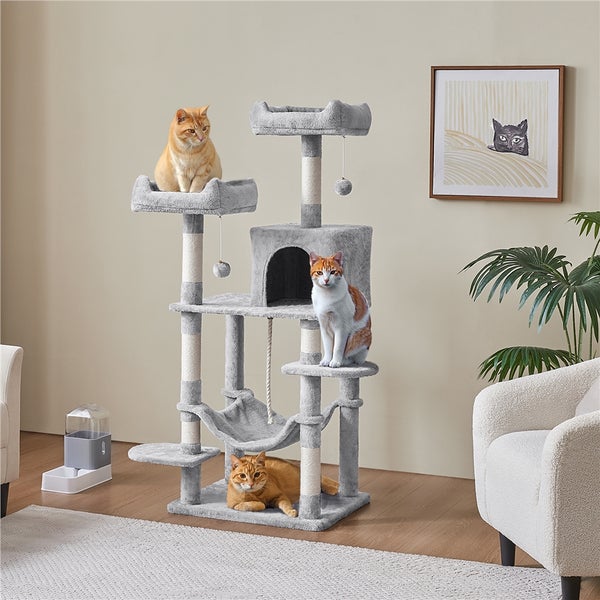 Kratzbaum mit Liegeflächen, Höhle und drei Katzen in einem Wohnzimmer.
