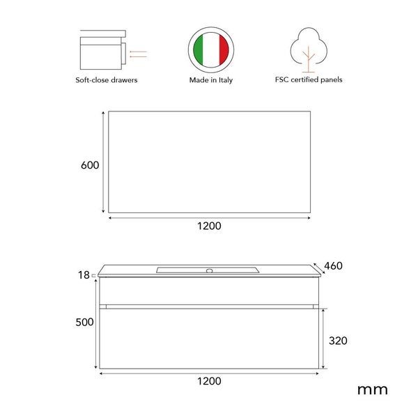 Technische Zeichnung eines Badezimmermöbels mit Maßen in Millimeter, Soft-Close-Auszügen, Herkunft Italien und FSC-zertifizierten Platten.