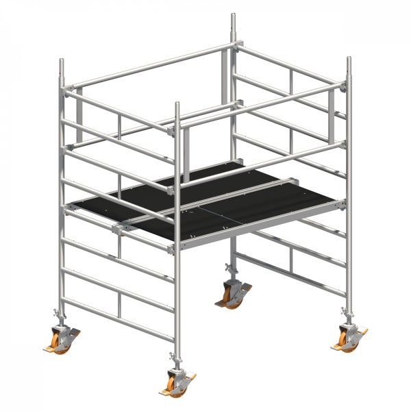 Rollgerüst mit schwarzer Arbeitsfläche und verstellbaren Rollen
