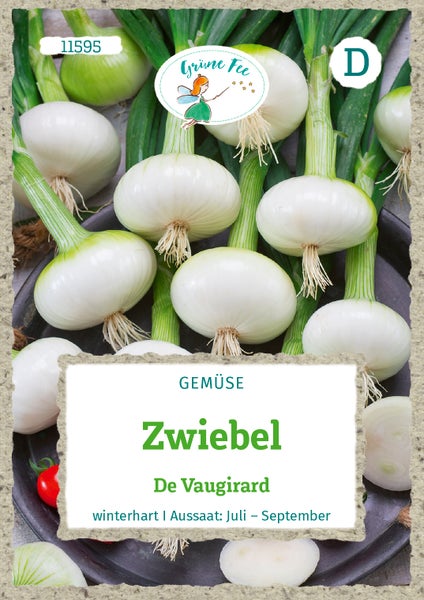 Zwiebel De Vaugirard von Grüne Fee Logo, winterharte Gemüsesorte, Aussaat von Juli bis September, weiße Zwiebeln mit grünen Stielen.