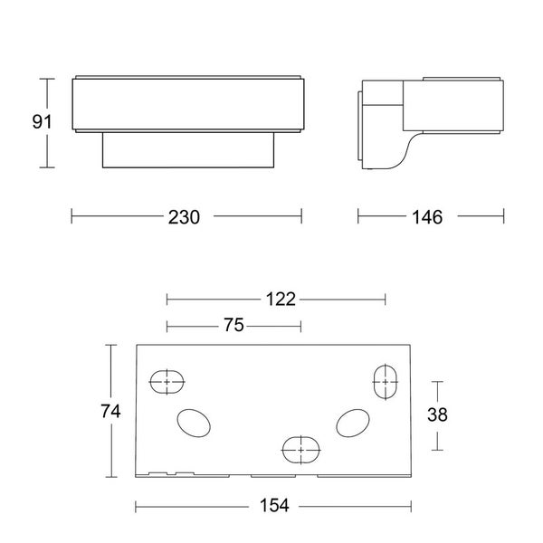Technische Zeichnung mit Maßangaben in Millimetern für eine Wandleuchte: Breite 230, Höhe 91 und Tiefe 146.