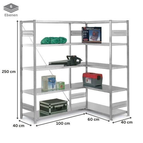 PROREGAL Eckregal  Stecksystem T-Profil HxBxT 250 x 100 x 40 cm 6 Ebenen Traglast 124 kg Verzinkt