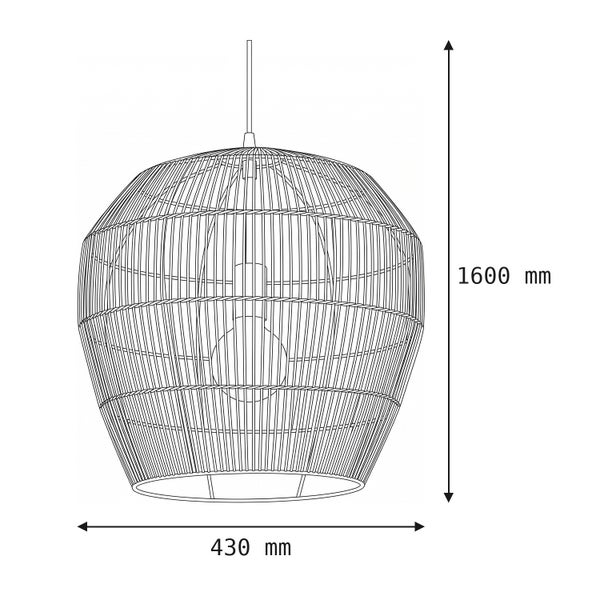 Technische Zeichnung einer runden Hängeleuchte aus Rattan mit einer Gesamthöhe von 1600 Millimetern und einem Durchmesser von 430 Millimetern.