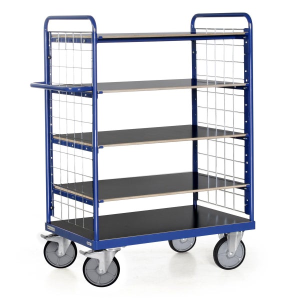 Blauer Etagenwagen mit vier Regalböden und Rollen